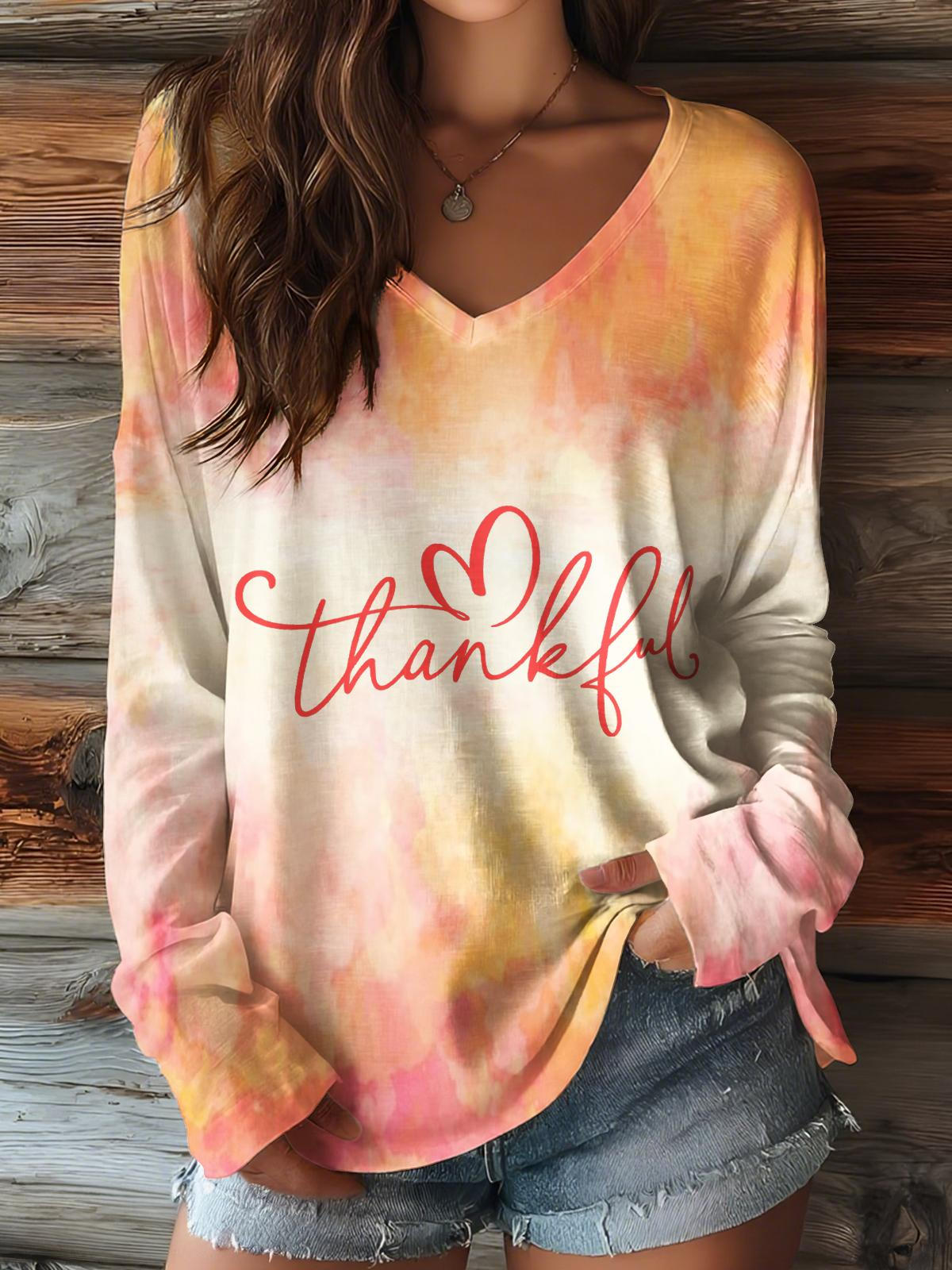 Autumn Thanksgiving Print V-neck Long Sleeve Top