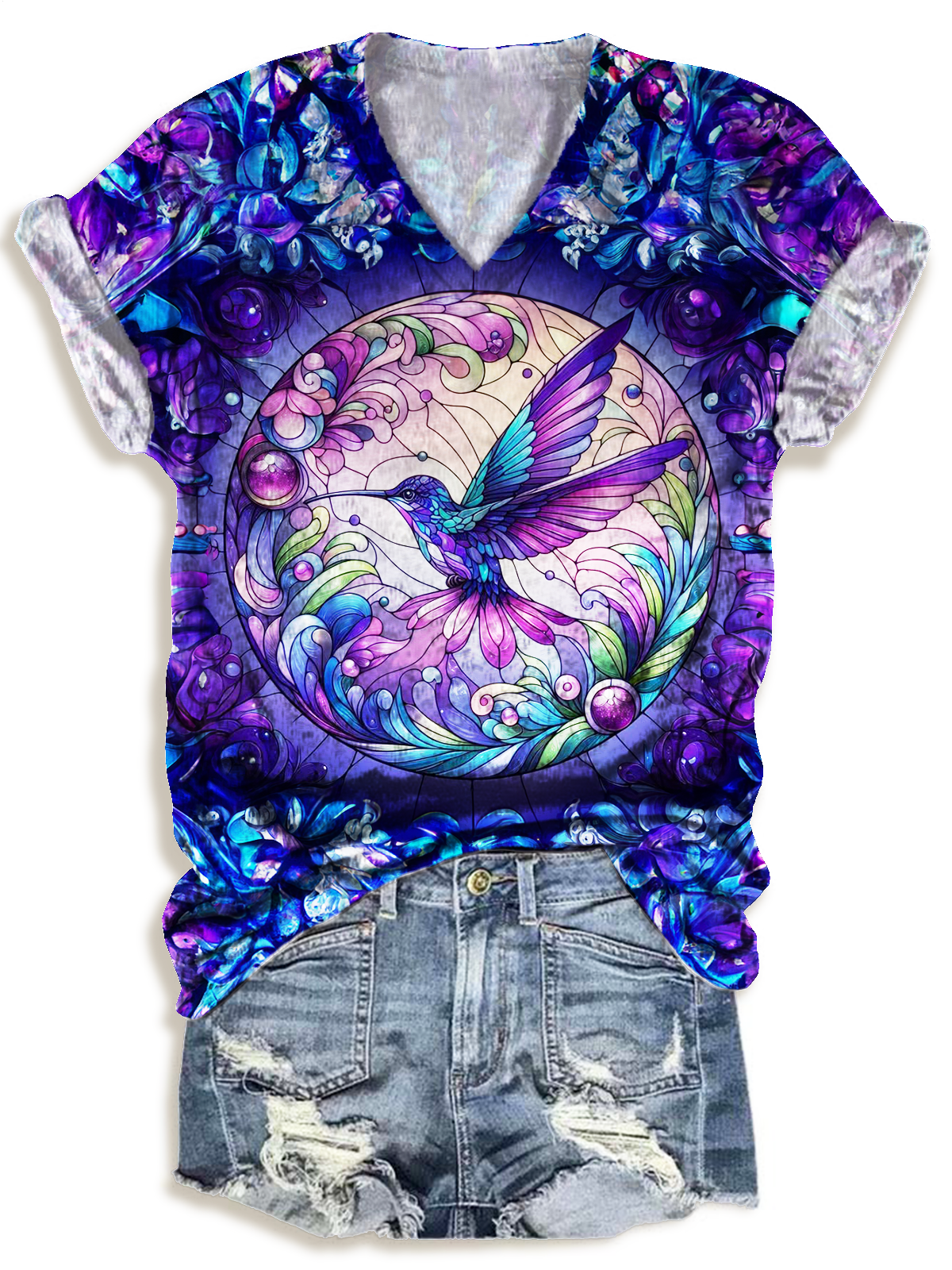 Dreamy Stained Glass Hummingbird V-neck T-Shirt