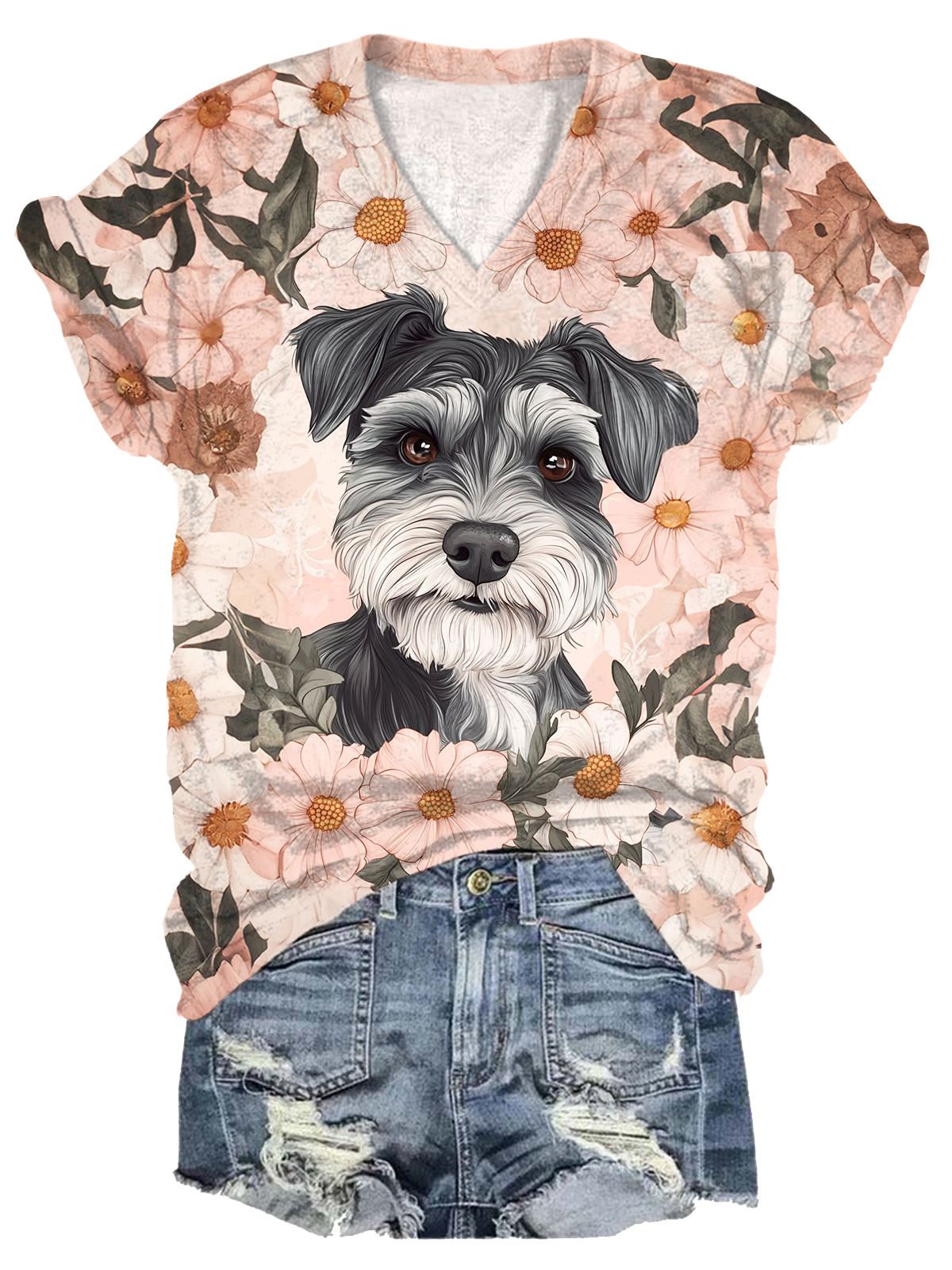 Atmosphere Flowers Puppy V-neck T-Shirt