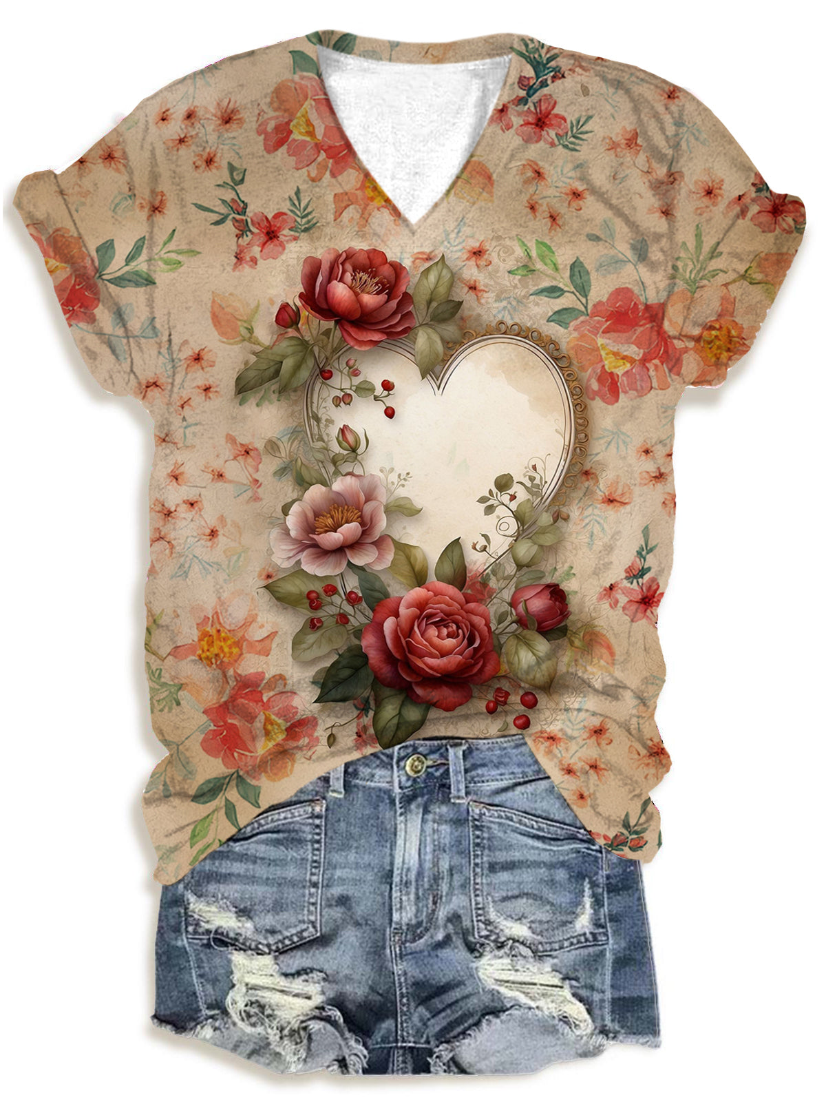 Retro Love Heart Flowers Valentine'S Day V-Neck T-Shirt