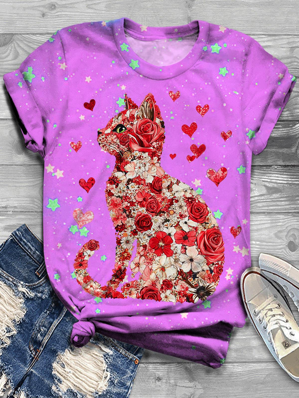 Women's Cute Cat Valentine's Day Love Atmosphere Printed Casual T-shirt
