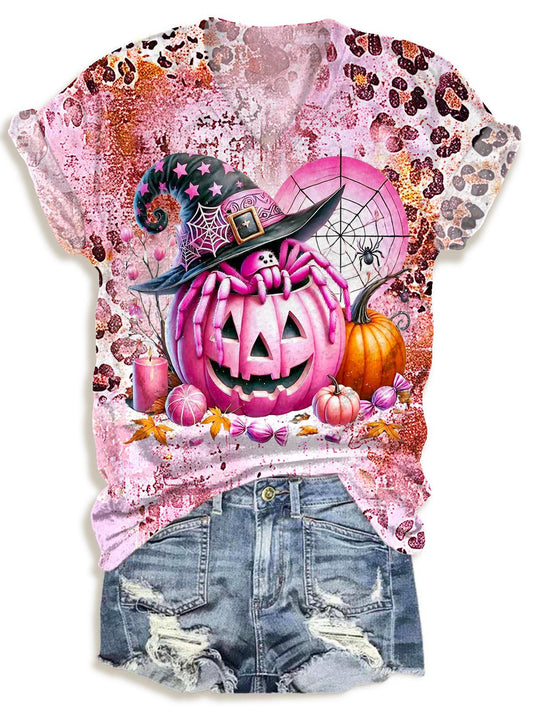 Leopard Print Devil Pumpkin Halloween V-neck T-Shirt