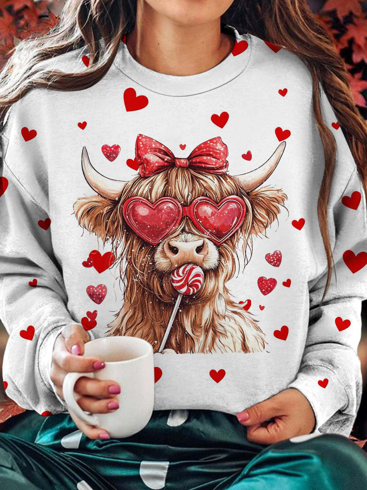Highland Cow Valentine Coquette Printed Long Sleeve Casual Top