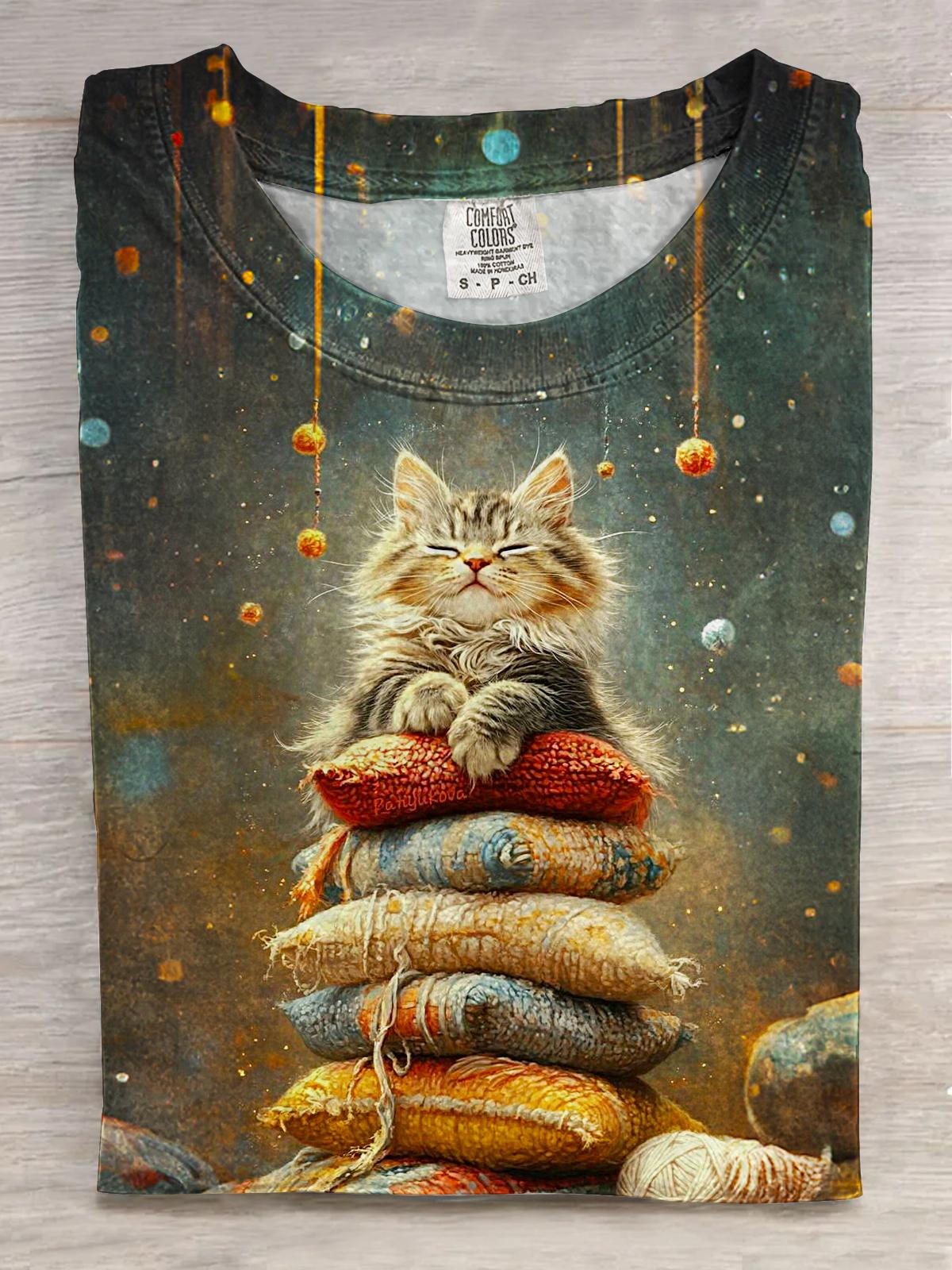Retro Cute Oil Painting Cat Print Crew Neck T-shirt