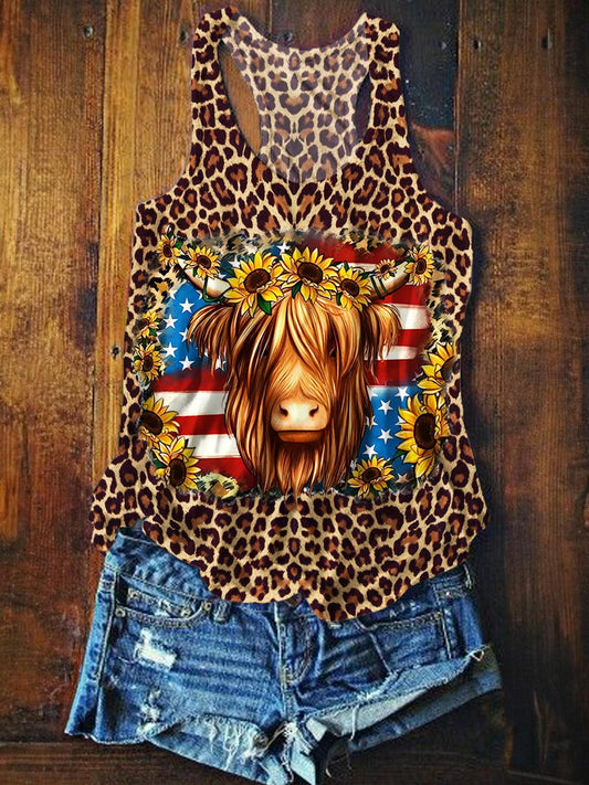 Vintage Leopard Print Highland Cow Independence Day Printed Casual Tank Top