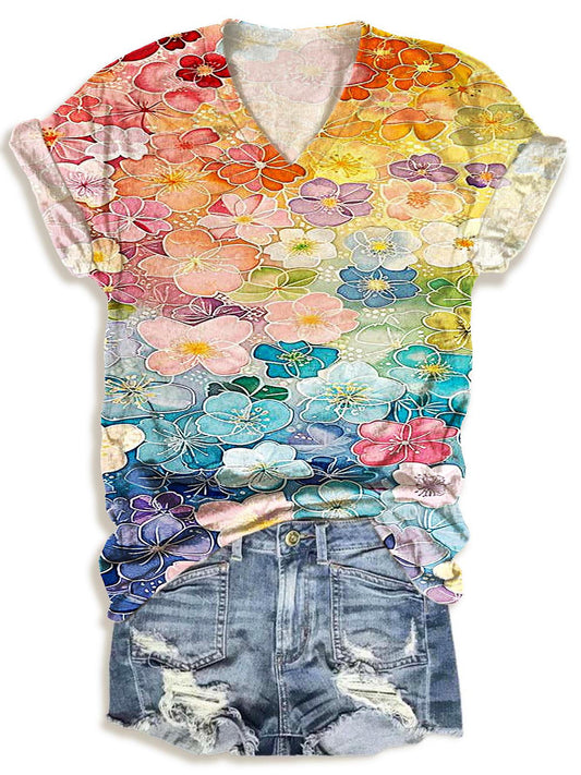 Women's Retro Colorful Flower Print V-Neck T-Shirt