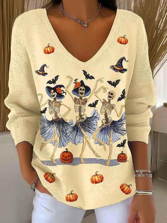 Halloween Pumpkin Skull Print Casual V Neck Pullover Sweater