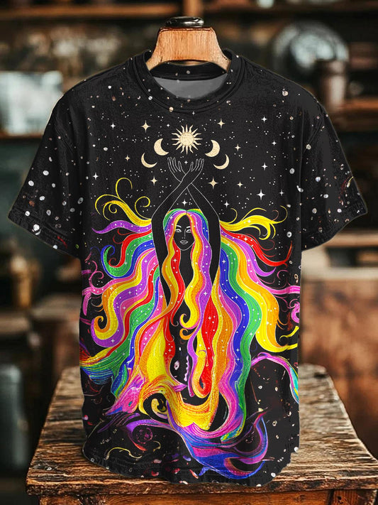 Hippie Sun Goddess Print Crew Neck T-shirt