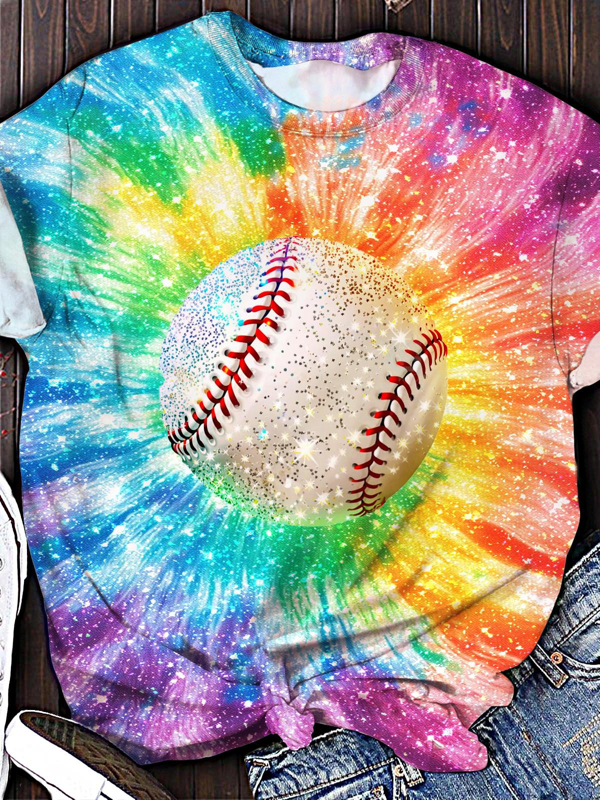 Glitter Baseball Rainbow Print Crew Neck T-shirt