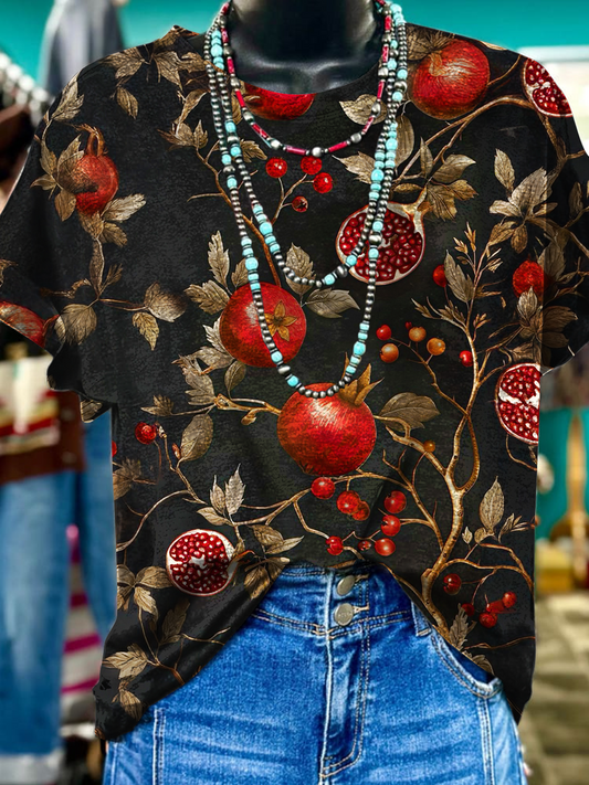 Retro Red Floral Pattern Crew Neck T-shirt