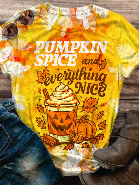 Autumn Halloween Pumpkin Print Crew Neck T-shirt