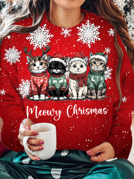Retro Meowy Christmas Printed Long Sleeve Casual Top
