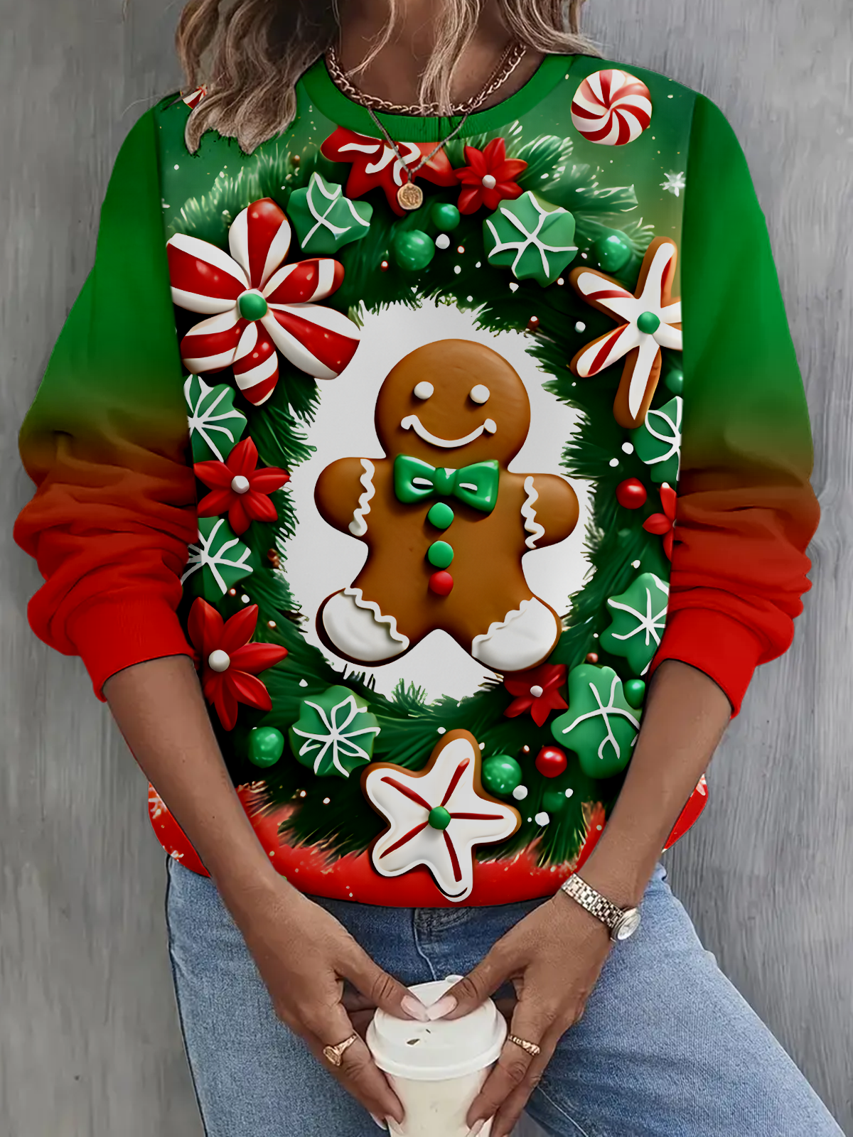 Merry Christmas Gingerbread Man Printed Long Sleeve Casual Top