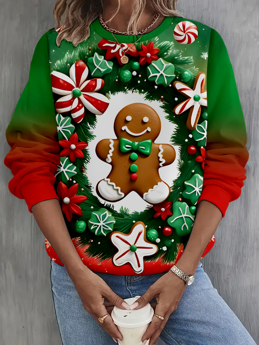 Merry Christmas Gingerbread Man Printed Long Sleeve Casual Top