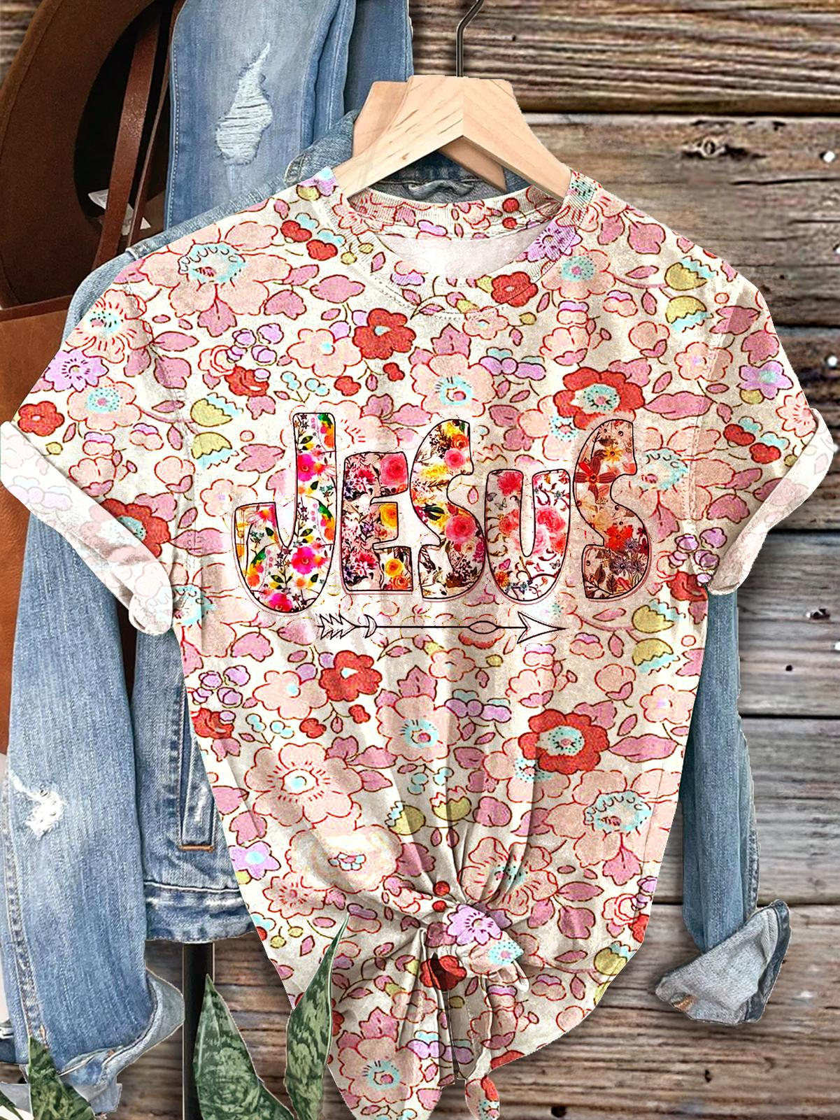 Women's Retro Jesus Flower Print Crew Neck T-shirt