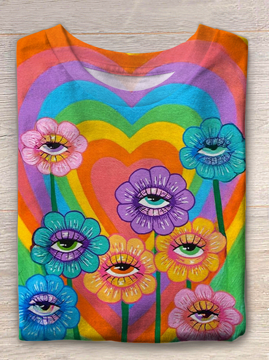 Retro Abstract Floral Love Crew Neck T-shirt
