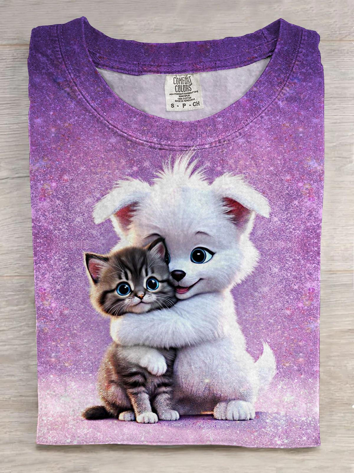 Cute Cat And Puppy Hug Printed Crew Neck T-shirt