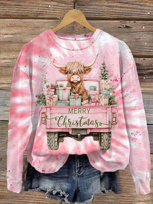 Whimsical Vintage Truck Christmas Printed Long Sleeve Casual Top