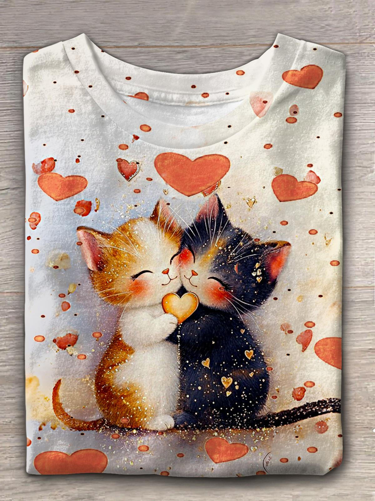 Women's Valentine's Day Retro Kitten Print Crew Neck T-shirt