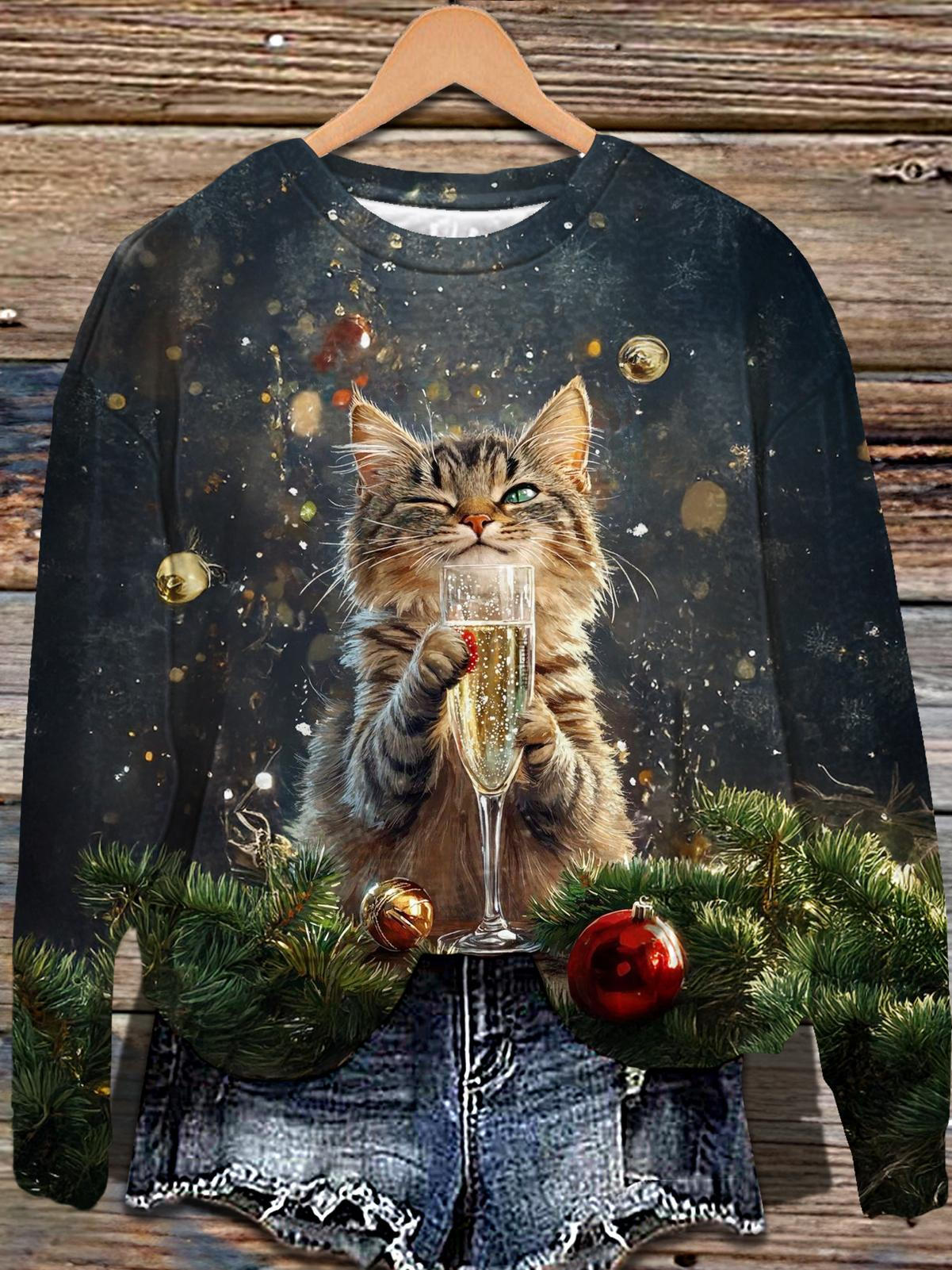 Christmas Celebration Kitten Printed Long Sleeve Casual Top