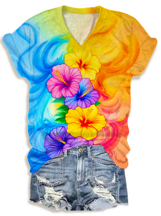 Colorful Hippie Flower Art Cotton V-Neck T-Shirt