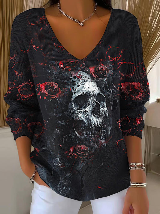 Gothic Halloween Skull Rose Print Casual V Neck Pullover Sweater