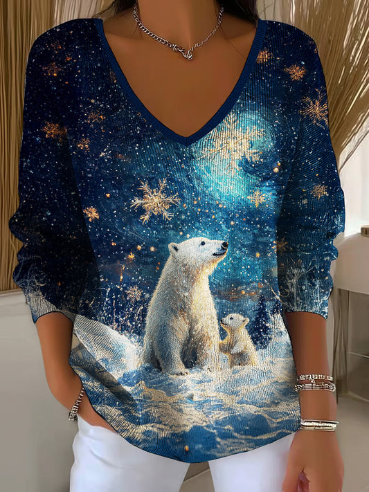 Starry Night Polar Bear Casual V Neck Pullover Sweater