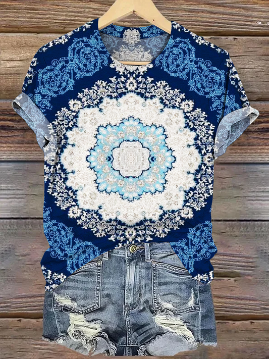 Classic Western Folk Pattern Art Crew Neck T-shirt