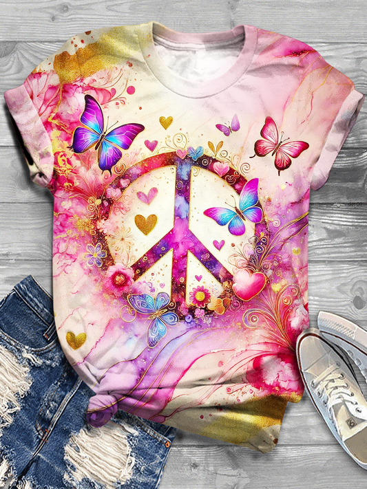 Pink Watercolor Gilded Peace Butterfly Art Crew Neck T-shirt