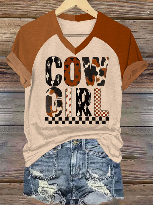 Retro Western Cowboy Print Women's Raglan V-Neck T-shirt