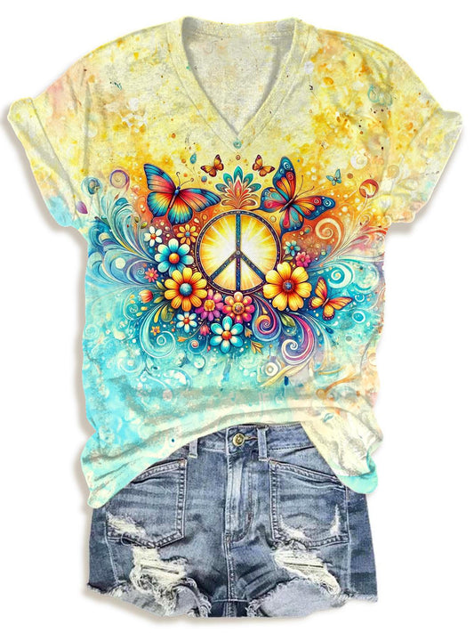Retro Hippie Floral V-neck T-Shirt