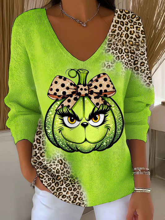 Funny Christmas Leopard Pumpkin Casual V Neck Pullover Sweater