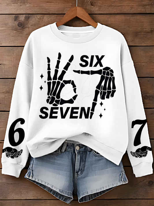 Six Seven 6 7 Meme Funny Skeleton Hands Printed Long Sleeve Casual Top