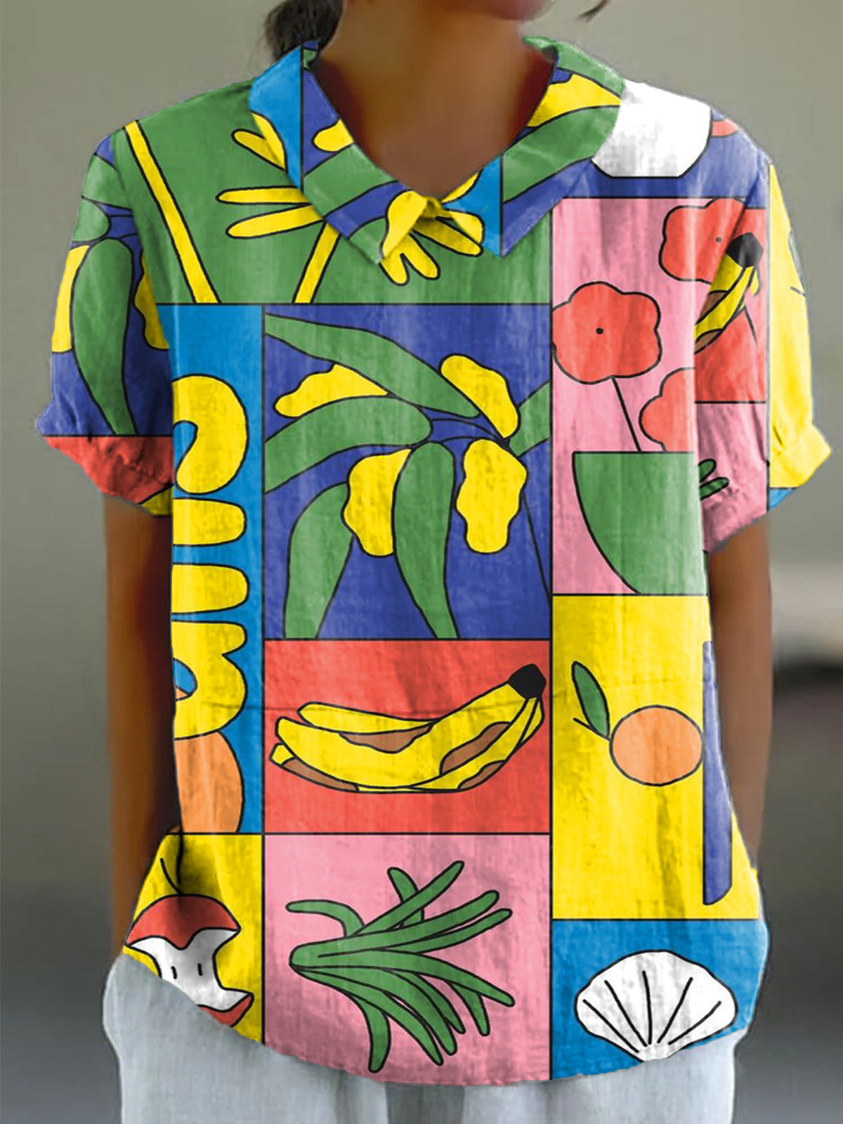 Women's Cartoon Art Print Casual Cotton And Linen Shirt