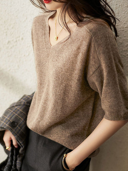 Urban Solid Color V-Neck Knitting Pullover