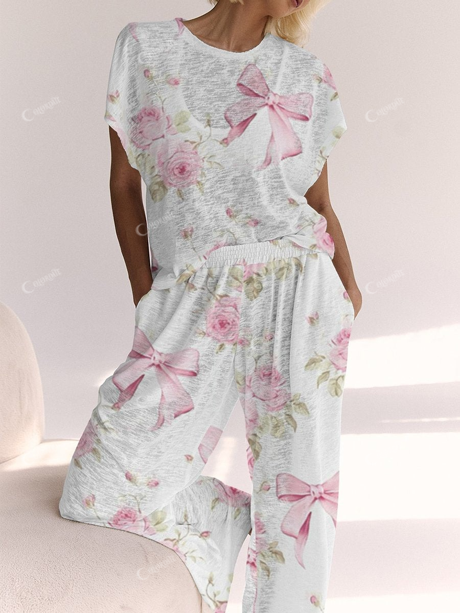 Ladies Pink Bow Flower Lounge Suit
