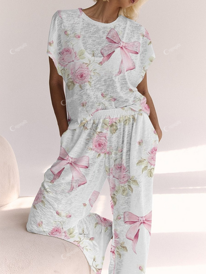 Ladies Pink Bow Flower Lounge Suit