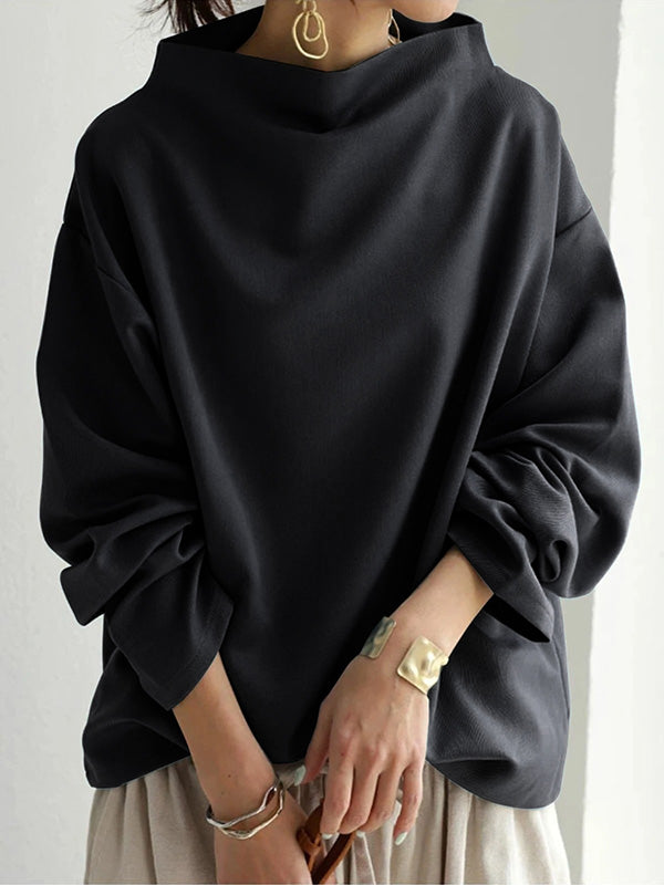 Long Sleeves Loose Solid Color High-neck Sweatershirt