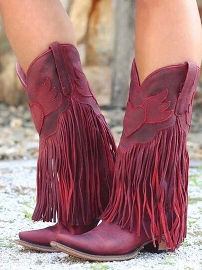 Women Knee High Vintage Tassels Cowboy Boots