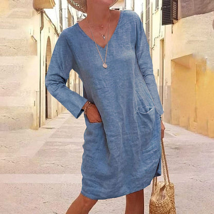 Pure Color Casual Cotton And Linen V-neck Dress