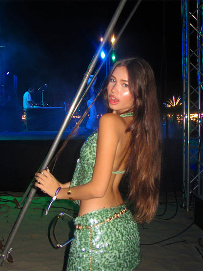 Halter neck backless sequin set