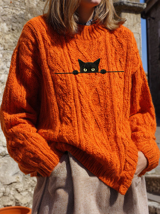 Women's Casual Funny Black Cat Print Sweater