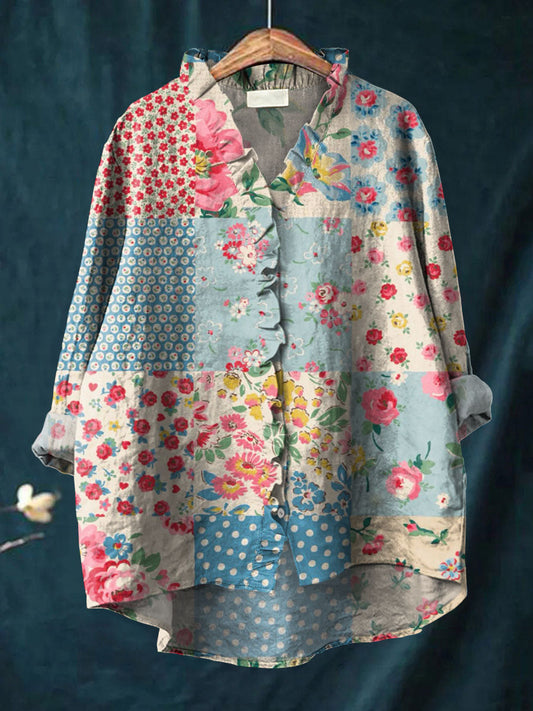 Women's Vintage Floral Patchwork Pattern Art Print Casual Cotton And Linen Ruffle Shirt