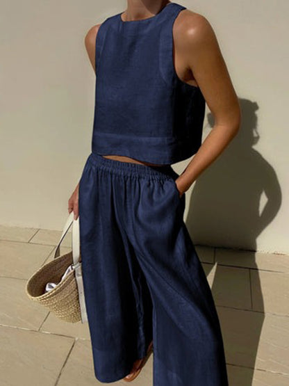 Solid Color Round-Neck Sleeveless Vest + Elasticity Wide Leg Pants Two Pieces Set