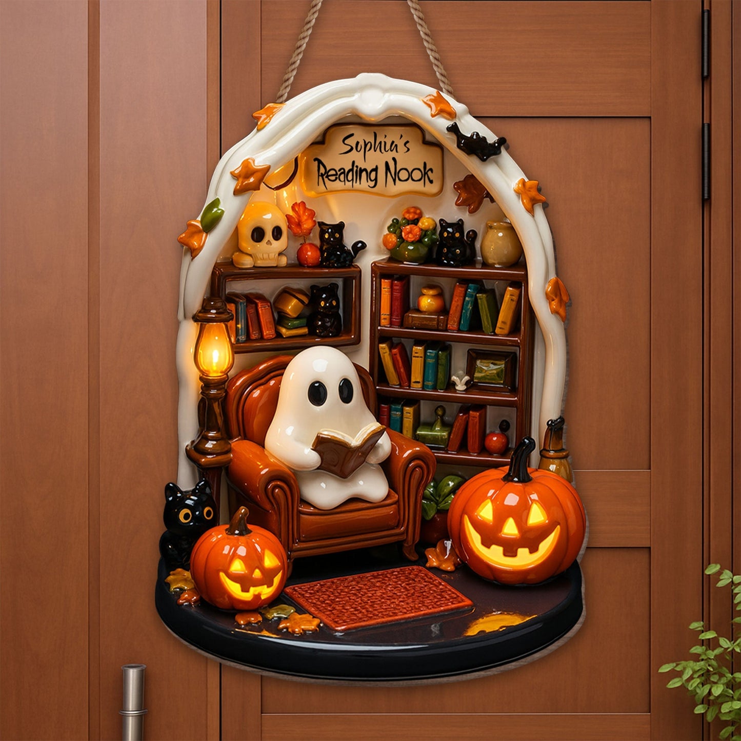 Sophia's Reading Nook With Ghost, Pumpkins, And Books - Personalized Custom Shaped Wood Sign
