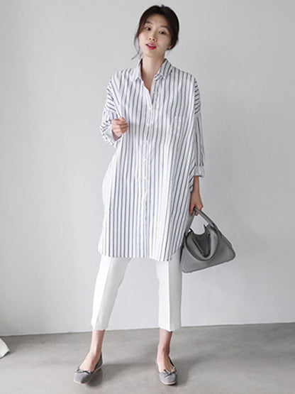 Urban Loose Solid Color Striped Lapel Blouse Top