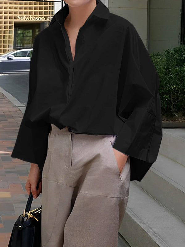 Long Sleeves Loose Solid Color Lapel Collar Blouses&Shirts Tops