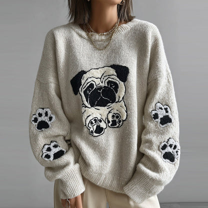 Lovely Cute Pug And Paws Embroidery Art Loose Cozy Knit Sweater
