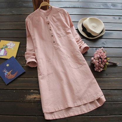 Loose stand-up collar long-sleeved solid color cotton and linen shirt dress