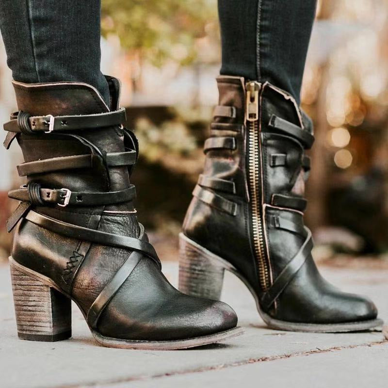 Vintage Buckle Zipper Mid-Calf Boots